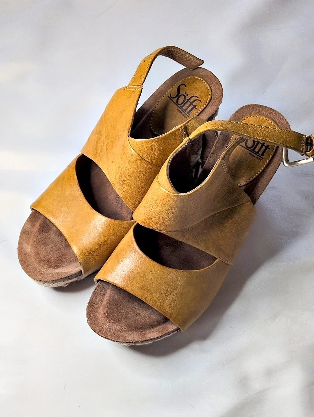 Sofft Corrina Wedge Sandal Leather Brown & Yellow US 7.5M